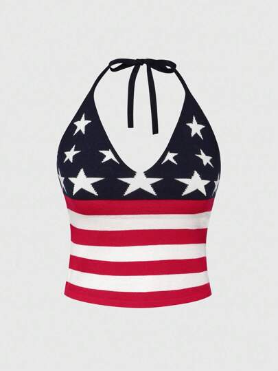 J-Fashion Women's Cute And Comfortable 90s Y2K American Flag Print Knit Camisole
