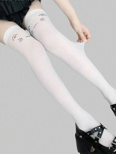 Anime 1 Pair Cute Minimalist Cat Face Design Over-The-Knee Socks, Y2K Aesthetic Pure White Uniform Style Knee High Socks, Thin Elastic See-Through Tights