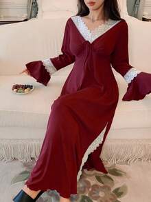 DAZY Charmantes Kontrast-Farben Spitzen-Stich gestricktes Taillenbund Weite Ärmel Lange Damen Nachthemd, Herbst Pyjama Weihnachten - Bordeaux - Übersicht 5