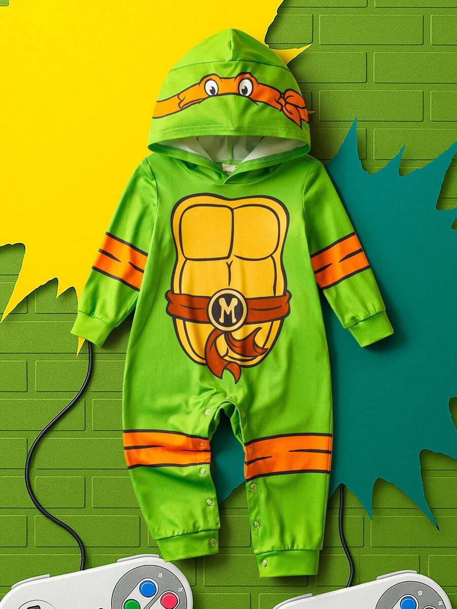 TEENAGE MUTANT NINJA TURTLES X SHEIN Baby Boy Casual Cute Turtle Print Hooded Long Sleeve Jumpsuit, For Spring/Autumn