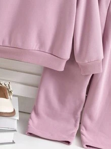 年轻女孩秋季休闲可爱撞色希菲彼得潘领运动衫和松紧腰宽松阔腿裤套装 - 粉色 - 查看 6