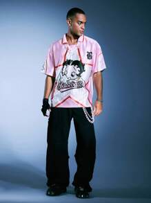 ROMWE MEN Betty Boop | ROMWE 男士夏季粉色卡通星星印花短袖 Polo 衫，2000 年代风格 - 粉色 - 查看 13