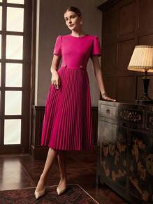 ZEYLAH SOLID PUFF SLEEVE PLEATED HEM MIDI DRESS , FALL WINTER - Hot Pink - View 6