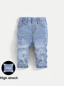 SHEIN Quần jean skinny cạp chun, kiểu dáng vintage đơn giản cho bé trai, màu xanh denim bạc màu, họa tiết râu mèo, gợn sóng, sờn rách, thích hợp cho mùa thu/đông, đi học và phong cách đường phố. - Rửa nhẹ - Xem 1