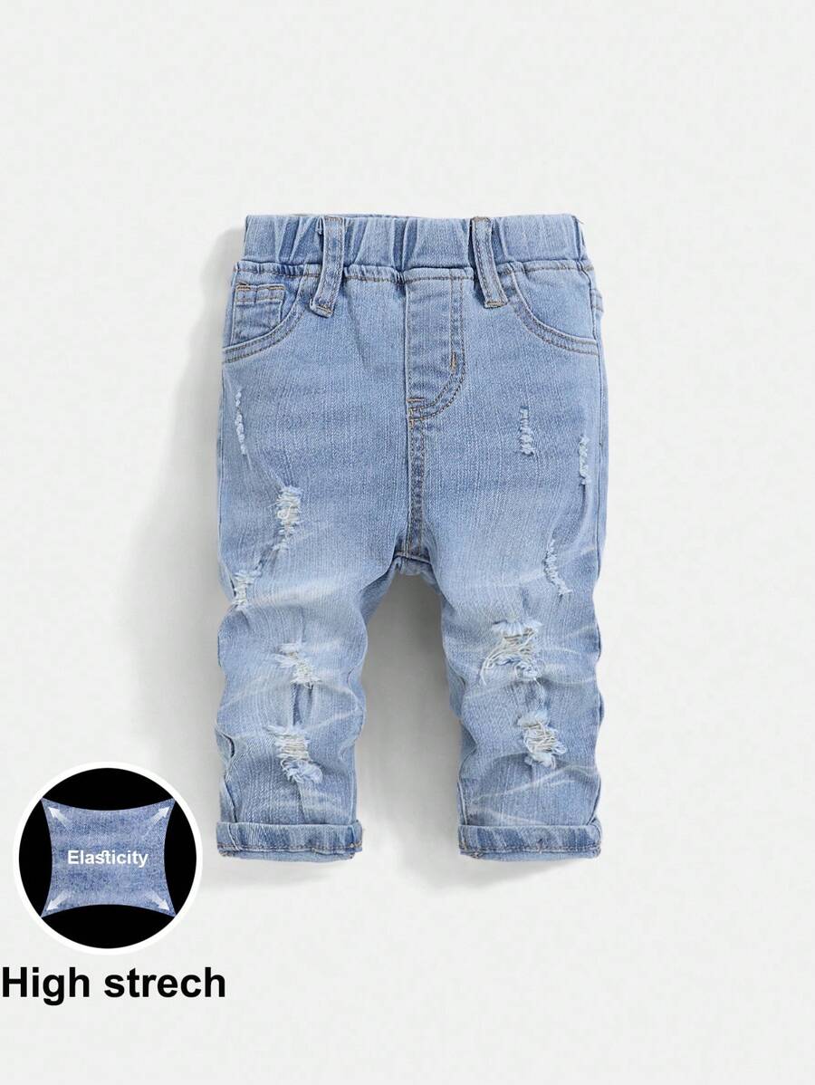 SHEIN Quần jean skinny cạp chun, kiểu dáng vintage đơn giản cho bé trai, màu xanh denim bạc màu, họa tiết râu mèo, gợn sóng, sờn rách, thích hợp cho mùa thu/đông, đi học và phong cách đường phố. - Rửa nhẹ - Xem 1