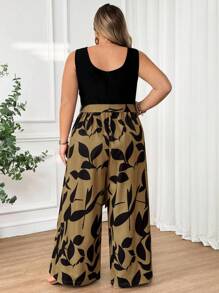 SHEIN CURVE+ 大码女式腰带印花拼布休闲连体裤，夏季波西米亚风度假夏季/乡村/海滩度假装/沙滩装/沙滩装 - 卡其色 - 查看 2