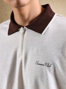 Sumwon Club 优质拉链领 Polo 衫罗纹饰边短袖休闲网球高尔夫复古风格常规版型夏季春季 - 杏色 - 查看 4