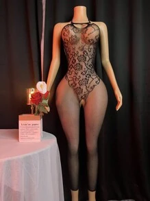 1pc Women Plus Size Sexy Jumpsuit Fishnet - Black - View 6