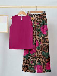 SHEIN Clasi 2 件套女士休闲花卉印花服装适合夏季，豹纹，花卉印花