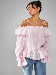 MISSGUIDED Ruffle Trim Off Shoulder Peplum Blouse Long Sleeve Button Front Tie Shoulder Puff Volume Top Spring Summer Holiday Occasion Wear Festival Clothing - Pink - View 5