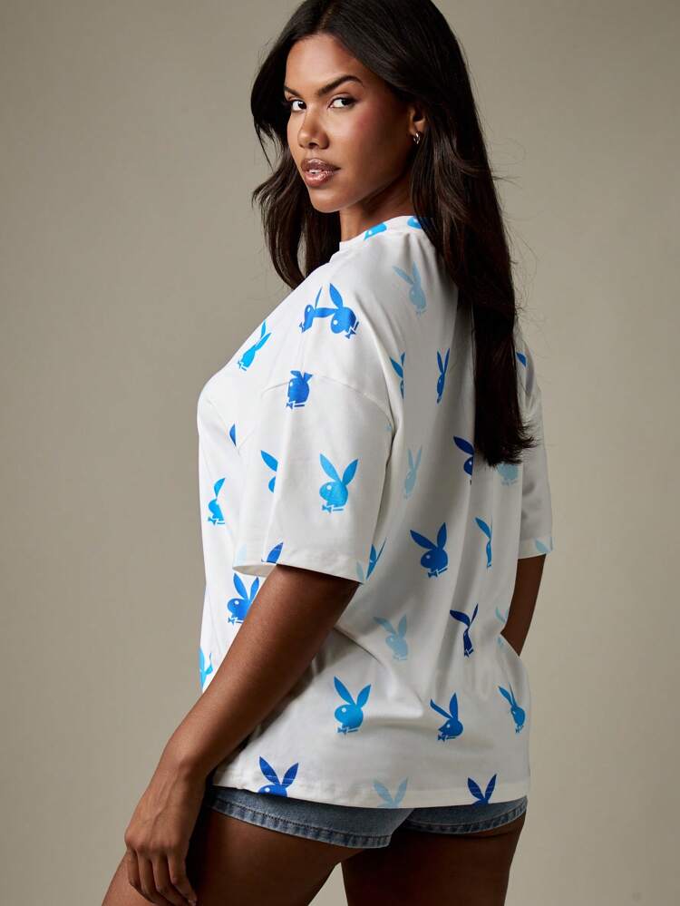 Missguided x Playboy Oversized Bunny Print T-Shirt With Short Sleeves