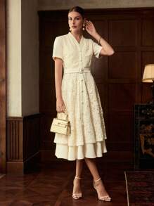 ZEYLAH 撞色蕾丝腰身收腰长袖优雅长裙，秋冬 - 杏色 - 查看 4