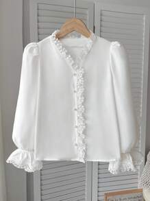 SHEIN Tween Girl Casual Elegant Fitted Stand Collar Lace Trim Button Front Puff Sleeve White Woven Blouse, Suitable For Back To School, Casual, Party And Multiple Occasions - White - View 7