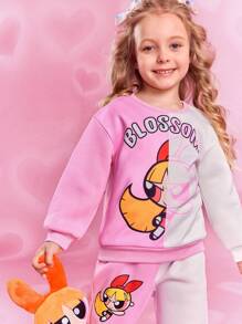 THE POWERPUFF GIRLS X SHEIN 年轻女孩可爱花朵印花撞色落肩宽松圆领运动衫和裤子两件套，秋冬 - 粉色 - 查看 4