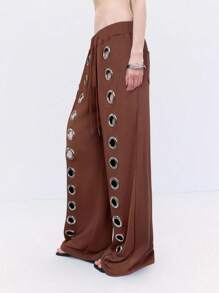 LYSMO 前卫孔眼设计宽松阔腿运动裤，棕色 - 棕色 - 查看 4