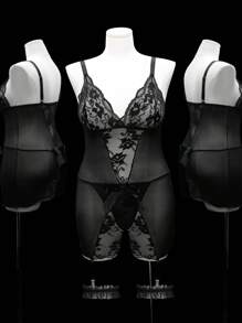 4件套加大码性感蕾丝拼布内衣套装 - 黑色 - 查看 6