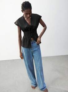 Maija New Spring/Summer Black Front Tie Bow Waist Pleated Shoulder Blouse For Women - Black - View 4