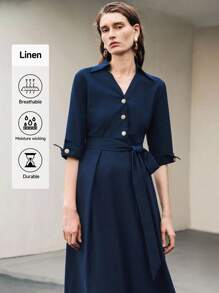 Uhlyne Uhlyne Women's Commuter Chic Linen Blouse Dress, Shirt Dress,3/4 Sleeve,Navy Blue,Easy Care,Autumn,Minimalist,Work Wear,Teacher Outfits,Back To School,Fall ,Neutral Clothes,Business Casual,Old Money Style Summer Dress
