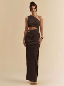 SHEIN BAE Asymmetric White Ruched Form-Fitting Plunging Open Slit Dress, Beach Vacation White Dress, Bohemian Dress,Party Dress,Valentine's Day,Valentine Outfits For Women - Coffee Brown - View 5