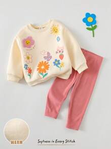 Cozy Pixies 女婴两件套柔软针织植物花卉图案圆领长袖毛衣上衣和松紧腰裤套装 - 杏色 - 查看 3