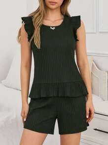 EURMUSE 优雅简约的宽松荷叶边领上衣和短裤女士休闲套装 - 軍綠色 - 查看 3