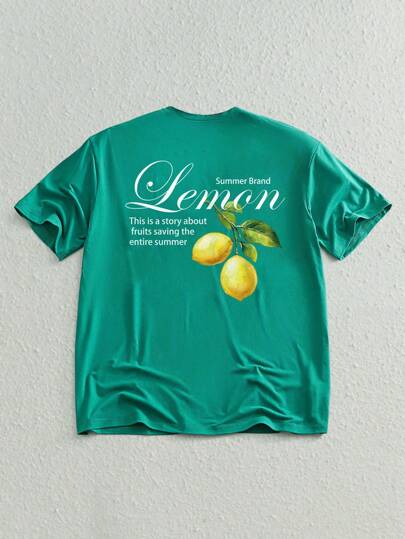 Manfinity VCAY Camiseta casual de estilo callejero de vacaciones para hombres con estampado gráfico de limón, camiseta gráfica turquesa, camisetas gráficas, camiseta gráfica de limón turquesa para hombres, camiseta turquesa para hombres, camisetas de verano con estampado de frutas para hombres, camisas de limón para hombres, camisetas de verano para hombres