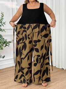 SHEIN CURVE+ 大码女式腰带印花拼布休闲连体裤，夏季波西米亚风度假夏季/乡村/海滩度假装/沙滩装/沙滩装 - 卡其色 - 查看 7