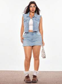 SHEIN EZwear 大码女式牛仔迷你裙，春夏 - 藍色 - 查看 7