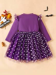 SHEIN Perso Play Kleine Mädchenkleid mit lila Mesh-Überlagerung, süßes Muster Druckdekor Puffärmel, essentiell für tägliche Ausflüge im Herbst