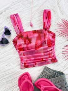 Soleia 女士度假春假女士花卉印花方领度假背心派对、夜间外出上衣、返校节扎染上衣海滩上衣夏季上衣节日上衣海滩俱乐部 - 彩色 - 查看 1