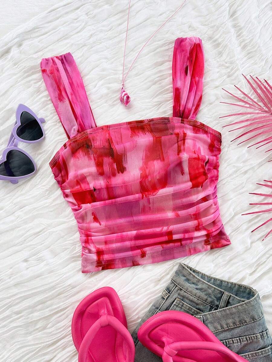 Soleia 女士度假春假女士花卉印花方领度假背心派对、夜间外出上衣、返校节扎染上衣海滩上衣夏季上衣节日上衣海滩俱乐部 - 彩色 - 查看 1