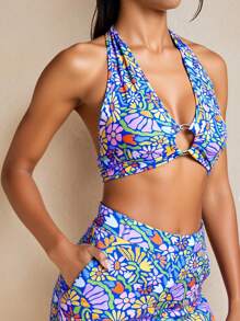 JIAN LASALA Summer Colorful Printed Viscose Ring Front Halter Tie-Up Backless Vacation Sexy Beachwear Top, Backless Summer Halter Floral Print Open Back Summer Top, Backless Halter Top Ankara Tops Resort Wear Rave Festival Vintage Homecoming SXY Fall Festival Cute Tops School Going Out Tops Sexy - Multicolor - View 8