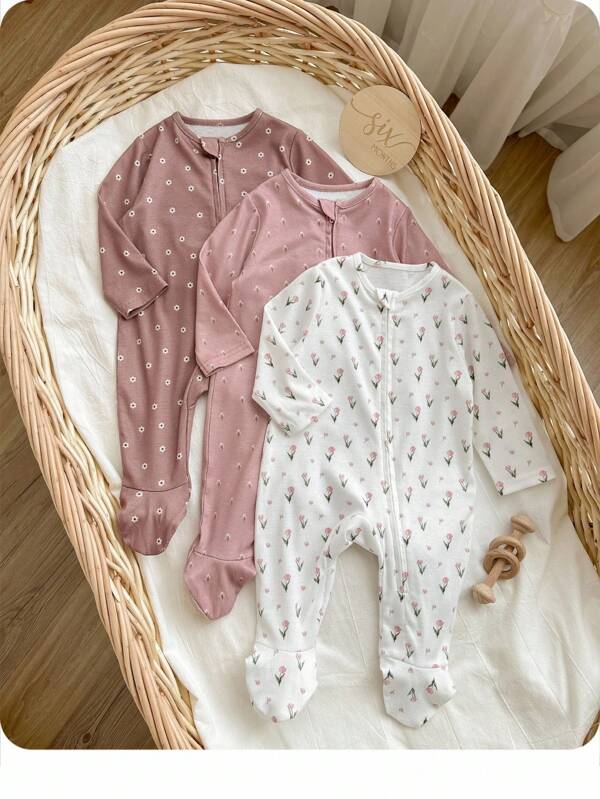SHEIN 3 Stücke Set Baby Mädchen gestrickter lässiger Ditsy Blumen Elastik Jumpsuit