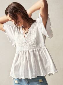 Bohemela 大码女式撞色蕾丝V领荷叶边短袖T恤