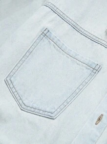 Manfinity Homme 男士休闲破洞宽松牛仔短袖衬衫，街头风格 - 淺色水洗藍 - 查看 4