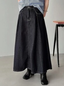 FRIFUL Falda vaquera mini casual holgada con bolsillos y pliegues para mujer - Azul - Ver 1