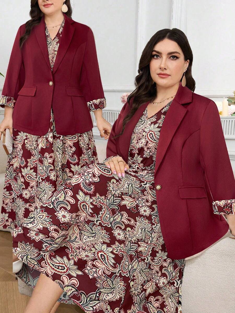 Modelyn Plus 1pc Single Button Blazer & 1pc Floral Print Dress In Fall/Winter - Burgundy - View 1