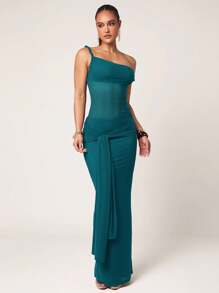 Silquee 女式纯色前结鱼尾下摆修身优雅连衣裙 - 水鴨藍 - 查看 4