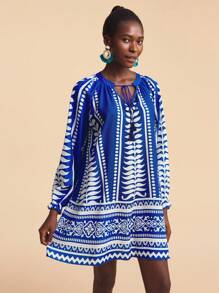 Travachic Women's Royal Blue Autumn Boho Vacation Holiday Plant Graphic Tassel Tie Neck Raglan Sleeve Loose Mini Shift Printed Tunic Blue And White Dress - Blue - View 5