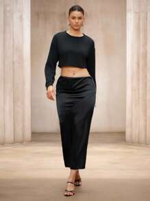 SHEIN Unity Women's Woven Asymmetrical Waist Cutout Fitted Elegant Black Skirt, Suitable For Summer & Autumn Fall Cloth For Women - Black - View 7