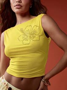 MISSGUIDED Atasan Tank Top Crop Musim Panas dengan Desain Hibiscus Berhiaskan Berlian Imitasi, Tanpa Lengan, Tanpa Punggung, Cocok untuk Festival, Pantai, Liburan, dan Resor, Potongan Ramping - Kuning - View 3