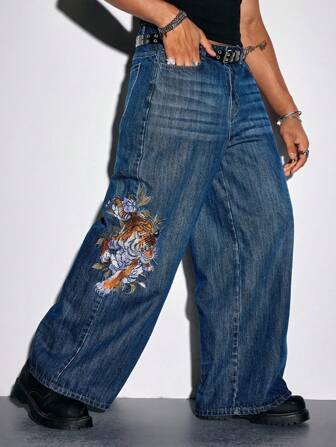 Street Life Herren Weite Jeans im Loose Lässig Stil mit Tigerstickerei auf der Tasche