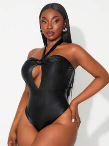 SHEIN SXY 加大码女式性感派对镂空领口系带 PU 紧身衣，适合日常穿着、节日、约会之夜、生日、单身派对装、婚礼、优雅、休闲、购物、街头服饰、外出，易于搭配且显瘦，凸显您的身材，修饰身材 - 黑色 - 查看 3