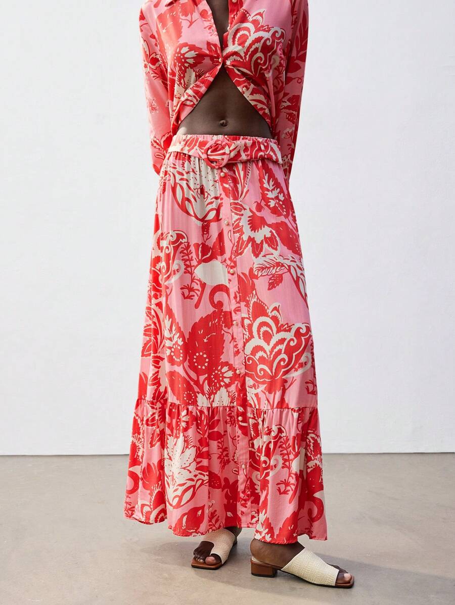 Maija 女式紫红色和淡黄色花卉植物印花半身裙（配腰带），春夏波西米亚风别致宽松 A 字形荷叶边下摆设计，舒适度假/节日、乡村音乐节、伊比沙岛，百搭百搭穿着 - 西瓜粉 - 查看 1