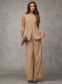 SHEIN BAE Women's Solid Color Round Neck Single-Breasted Vest And Pants Elegant Commuter Suit, Summer Fall Women Clothes Women Set Office Wear Business Casual Women Two Pieces Outfits Fall Women Office Wear Women Set Women Blazers Set