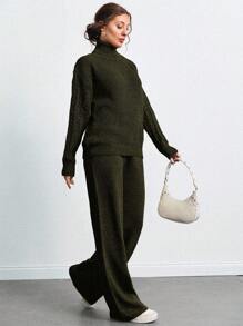 SHEIN Tall 高領落肩袖毛衣與長褲套裝，女款套裝，小個子套裝，套裝，小個子，冬季衣物，高個子女性 - 軍綠色 - 查看 3