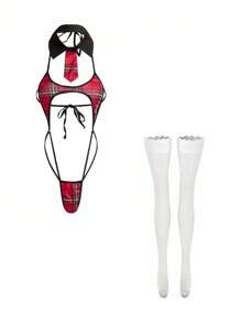 4 件套优雅细肩带格子角色扮演套装过膝袜女学生角色扮演服装，适合狂欢派对 - 紅色 - 查看 5