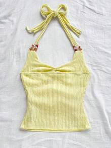 Soleia Top ajustado de tirantes en V con espalda descubierta y decoración de perlas, color amarillo, adecuado para playa, vacaciones, festivales de música, estilo bohemio - Amarillo - Ver 2