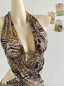 Soleia 女士性感迷你连衣裙，复古豹纹与斑马纹组合，V领，金属装饰吊带，腰部镂空，荷叶边下摆，适合派对、约会、下午茶、街头、城市度假、音乐节、海滩、夏季风格 - 彩色 - 查看 3