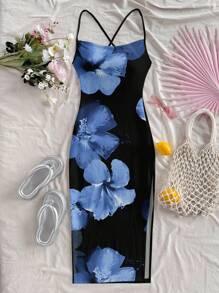 Soleia Váy Maxi dài in họa tiết hoa nhiệt đới tương phản đen xanh dành cho nữ, phong cách gợi cảm, thích hợp cho kỳ nghỉ hè - Nhiều màu - Xem 4